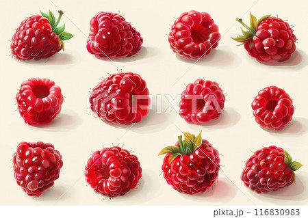 Illustration set of twelve red raspberries on light background. Generative AI 116830983