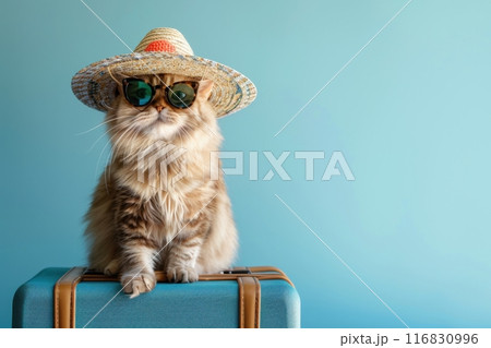 Cat wearing sunglasses and straw hat sitting on luggage ready for vacation, copy space Generative AI 116830996