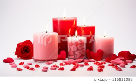 Romantic scene with red and pink decorative candles. Neural network ai generated art 116831089
