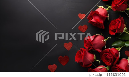 Rose petals border background on a black slate stone plate for romantic designs. Neural network ai generated art 116831091