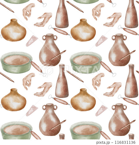 Pottery items and two hands in beige tone hand drawn seamless pattern isolated. Women hands, pottery wheel watercolor endless print. Design pattern with clay dishes for textile, packaging 116831136