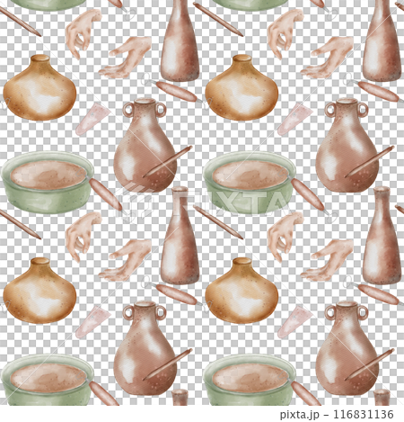 Pottery items and two hands in beige tone hand drawn seamless pattern isolated. Women hands, pottery wheel watercolor endless print. Design pattern with clay dishes for textile, packaging 116831136