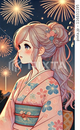 浴衣を着た女の子と花火 116831195
