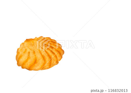 Delicious baked cake with cream isolated on white 116832013