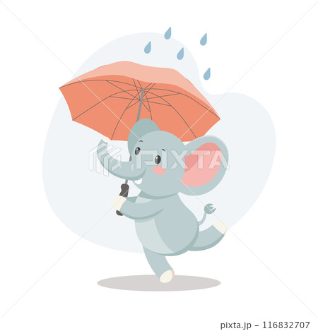 Cute baby elephant with an umbrella in the rain. Autumn children's illustration, print, card Cute baby elephant with an umbrella in the rain. Autumn children's illustration, print, card 116832707