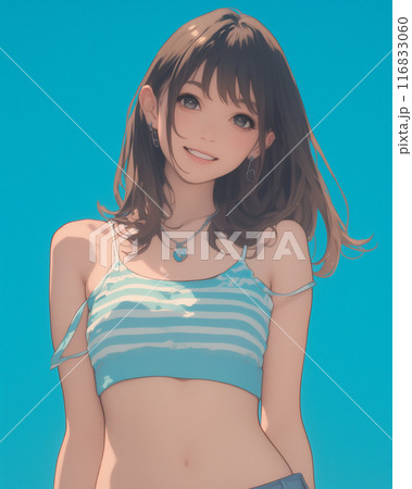 夏の日差しの下で笑顔の若い日本人女性のポートレート 116833060