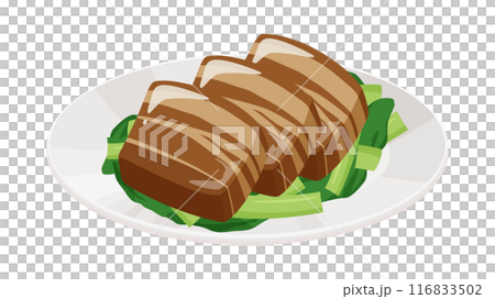 Illustration of braised pork served on a plate_Bright 116833502