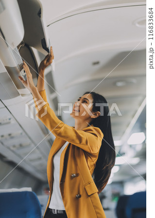 Airplane, travel and portrait of woman with journey and backpack. Airplane, travel and portrait of woman with journey and backpack. 116833684