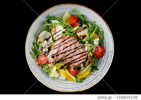 Duck Salad with Teriyaki Sauce on Black Background for Food Delivery Menu 116834126
