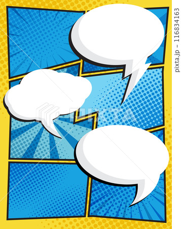 comic speech bubbles in white clouds on a vibrant pop art background Perfect for comic book designs 116834163