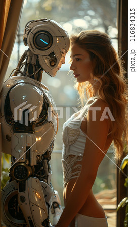 A beautiful blonde in white standing with a male robot in futuristic space ship interrior, virtual relationship with human and robots. AI Generative A beautiful blonde in white standing with a male robot in futuristic space ship interrior, virtual relationship with human and robots. AI Generative 116834315