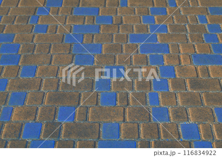 Blue Brown Color Pattern Lines Stripes Paving Stone Floor Surface Street Road City Texture Background Tile Structure 116834922