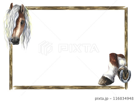 Wooden frame with horse and horse hooves. A hand-drawn watercolor illustration. For postcards, posters, jewelry. 116834948