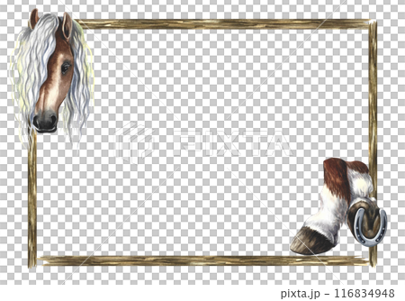 Wooden frame with horse and horse hooves. A hand-drawn watercolor illustration. For postcards, posters, jewelry. 116834948