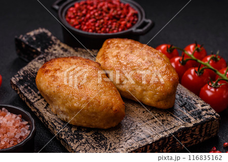 Delicious fresh fried minced fish cutlets with spices and herbs Delicious fresh fried minced fish cutlets with spices and herbs 116835162