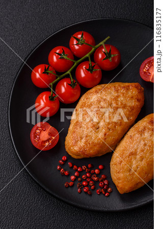Delicious fresh fried minced fish cutlets with spices and herbs 116835177