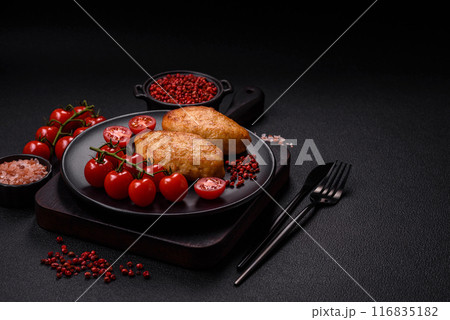 Delicious fresh fried minced fish cutlets with spices and herbs Delicious fresh fried minced fish cutlets with spices and herbs 116835182