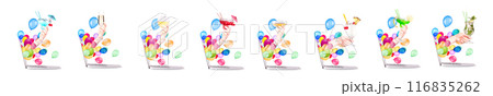 Laptop side view. Cocktail drinks toasting to show success with balloons Laptop side view. Cocktail drinks toasting to show success with balloons 116835262
