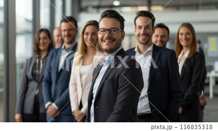 Portrait of successful group of business people at modern office looking at camera.  116835318