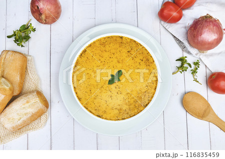 PERUVIAN FOOD, Traditional soup a La Minuta in white bowls, Top view. 116835459