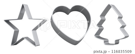 Set of metal cookie cutters for homemade Christmas biscuit on a white background 116835509