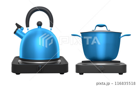 Stainless steel stewpot and kettle on portable camping electric stove on white background 116835518