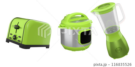 Kitchen appliances and utensils for making breakfast on white background Kitchen appliances and utensils for making breakfast on white background 116835526