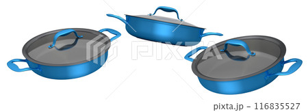 Set of frying pan with glass lid on white background, non-stick kitchen utensils 116835527