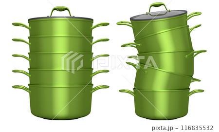 Set of stewpot, frying pan and chrome plated cookware on white background 116835532