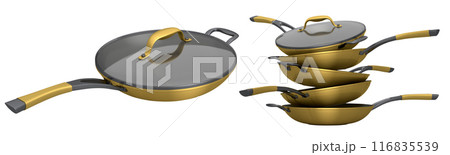 Set of stewpot, frying pan and chrome plated cookware on white background 116835539