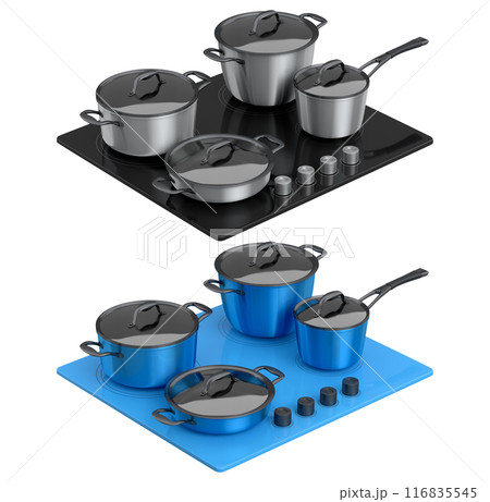 Set of kitchen utensil, stewpot, frying pan and chrome cookware hanging on shelf 116835545