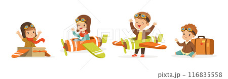 Kids in Pilot Costumes and Toy Plane Playing and Have Fun Vector Set Kids in Pilot Costumes and Toy Plane Playing and Have Fun Vector Set 116835558