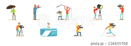 News Program Crew of Professional Cameraman And Journalist Vector Set 116835708