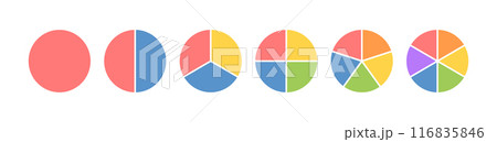 Circle division infographic icon set. Pie chart divided 4,5,6 equal parts. Color pizza or donut round diagram. Infographic wheel segment and fraction. Vector illustration isolated on white background 116835846