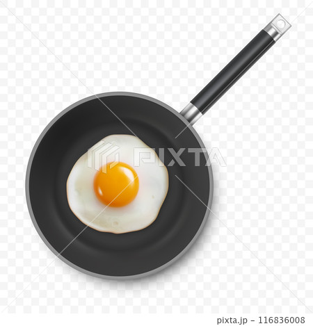 Vector 3d Realistic Fried Egg in the Frying Pan, Closeup Isolated in Top View. Design Template of Scrambled Eggs, Fried Egg, Omelette. Delicious Breakfast, Food, Culinary Concept 116836008