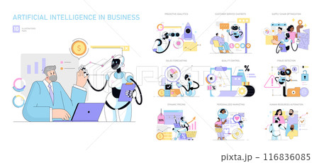 Artificial Intelligence in Business set. Streamlining operations with predictive analytics, chatbots, and automation. Tailored marketing, efficient HR, and enhanced security. Vector illustration. 116836085