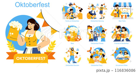 Oktoberfest set. Celebratory scenes depicting traditional German festival activities. Family enjoyment, cultural dances, beer tent gatherings, and parade fun. Vector illustration. 116836086