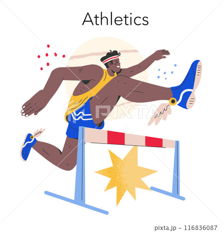 Olympic Games concept. An athlete in mid-action hurdling over a barrier captures the dynamic nature of track and field events. Athletic competition and determination. Vector illustration. 116836087