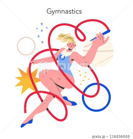 gymnastics concept. Artistic gymnast with ribbon performs against a backdrop of Olympic rings. Athletic grace and competition. Vector illustration. 116836088