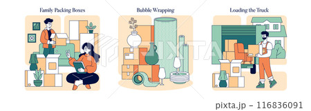 Relocation process set. Family organizing belongings, securely bubble wrapping items, and loading boxes into a truck. Seamless transition to new home. Vector illustration. 116836091