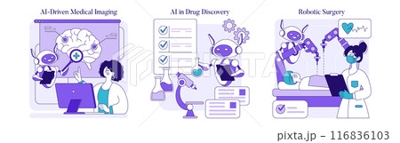 AI in Healthcare set. Robots aid in medical imaging, drug discovery, and surgery. Advancement of technology in diagnosing and treatment. Vector illustration. AI in Healthcare set. Robots aid in medical imaging, drug discovery, and surgery. Advancement of technology in diagnosing and treatment. Vector illustration. 116836103