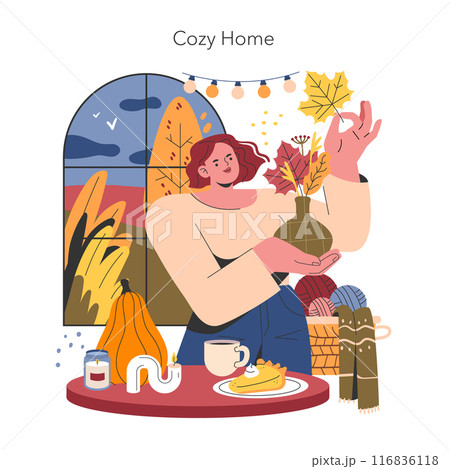 Welcome Fall concept. A person relishes autumn vibes indoors with a warm drink, pumpkin, and fall foliage. Cozy interior with seasonal decorations. Vector illustration. Welcome Fall concept. A person relishes autumn vibes indoors with a warm drink, pumpkin, and fall foliage. Cozy interior with seasonal decorations. Vector illustration. 116836118