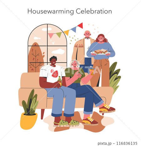Housewarming celebration concept. Friends gather in a cozy living room sharing food, drinks, and laughter. Warmth of new beginnings at home. Vector illustration. 116836135
