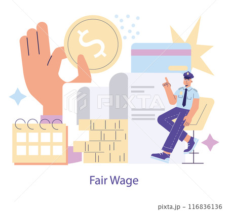 Labor Day concept. Worker's right for fair compensation celebrated on Labor Day. Calendar, paycheck, and coin elements. Vector illustration. 116836136