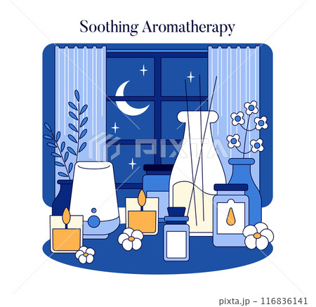 Night wellness concept. An evening aromatherapy session with candles, essential oils, and a diffuser by the moonlit window. Vector illustration. 116836141