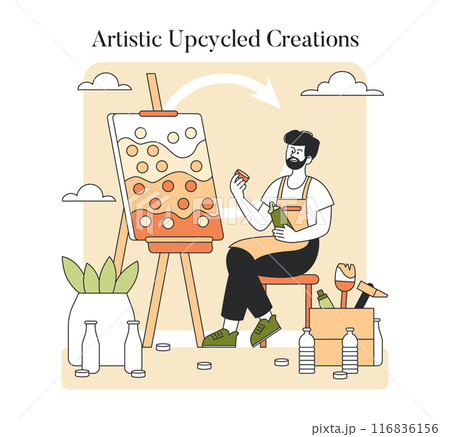 Upcycled Art concept. An artist transforms plastic waste into a painting, symbolizing sustainability. Creative recycling process. Vector illustration. Upcycled Art concept. An artist transforms plastic waste into a painting, symbolizing sustainability. Creative recycling process. Vector illustration. 116836156