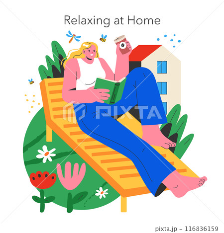 Relaxing at Home concept. A woman reclines on a sun lounger, enjoying a book and coffee surrounded by plants. Leisure time, tranquility, and comfort depicted. Vector illustration. 116836159