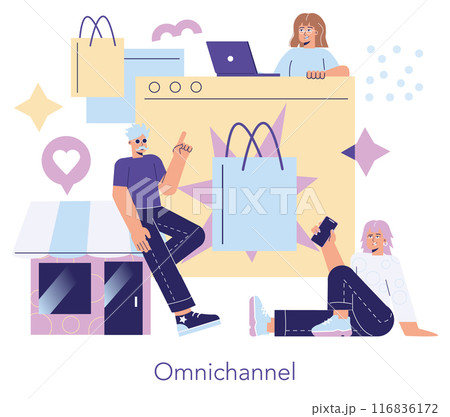 Omnichannel retail concept. Seamless shopping experience through in-store and online platforms with engaged consumers. Modern digital commerce strategy. Vector illustration. 116836172