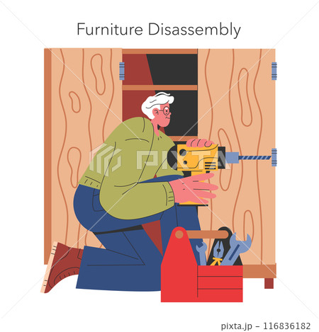 Furniture Disassembly concept. Man with drill taking apart wooden cabinet for moving or renovation. Organized workspace with tools. Vector illustration. 116836182