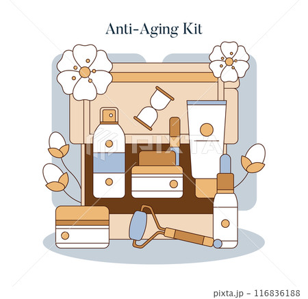 Skincare Toolbox concept. Essential anti-aging beauty products arranged neatly alongside white flowers. Complete facial care routine. Vector illustration. Skincare Toolbox concept. Essential anti-aging beauty products arranged neatly alongside white flowers. Complete facial care routine. Vector illustration. 116836188